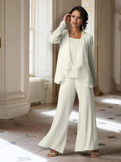 Chiffon-Hosenanzüge mit langen Ärmeln für die Mutter der Braut mit Jacke 