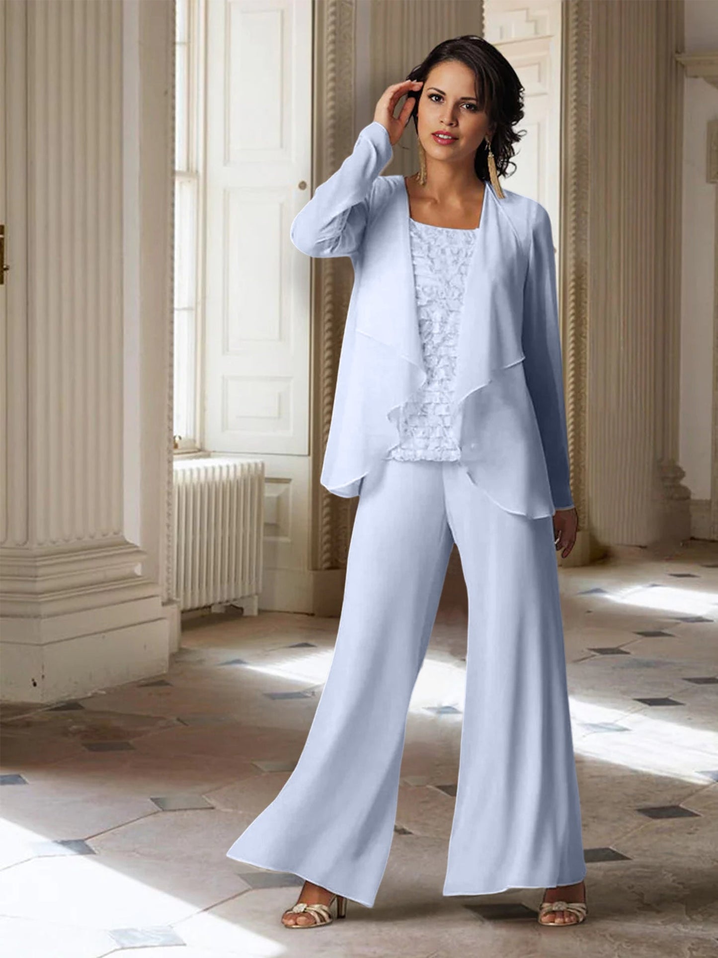 Chiffon-Hosenanzüge mit langen Ärmeln für die Mutter der Braut mit Jacke 