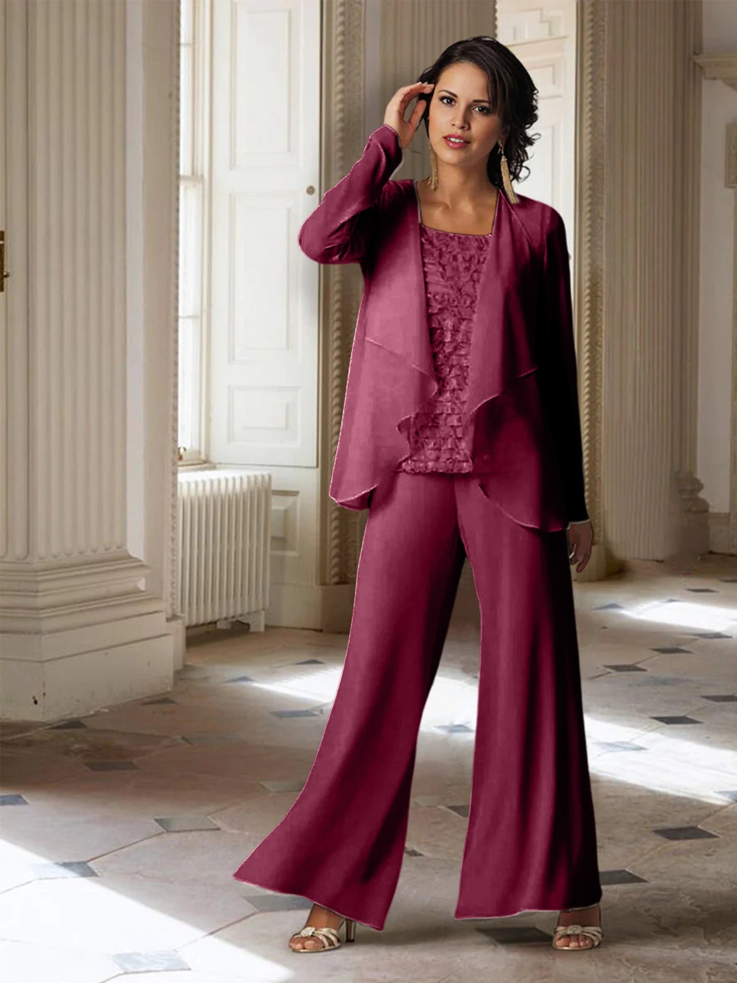 Chiffon-Hosenanzüge mit langen Ärmeln für die Mutter der Braut mit Jacke 