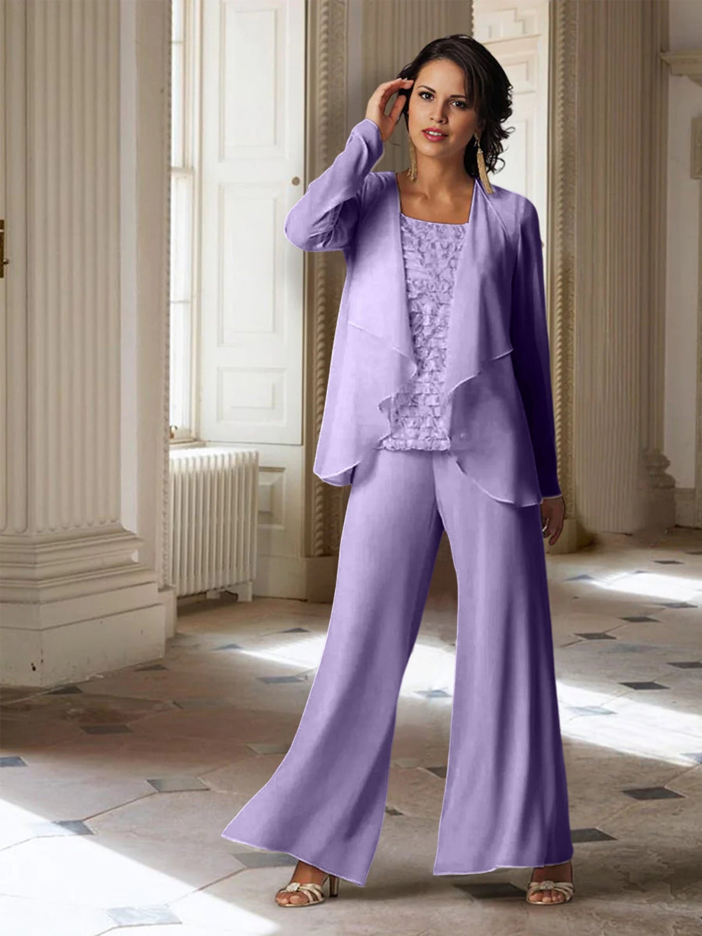 Chiffon-Hosenanzüge mit langen Ärmeln für die Mutter der Braut mit Jacke 