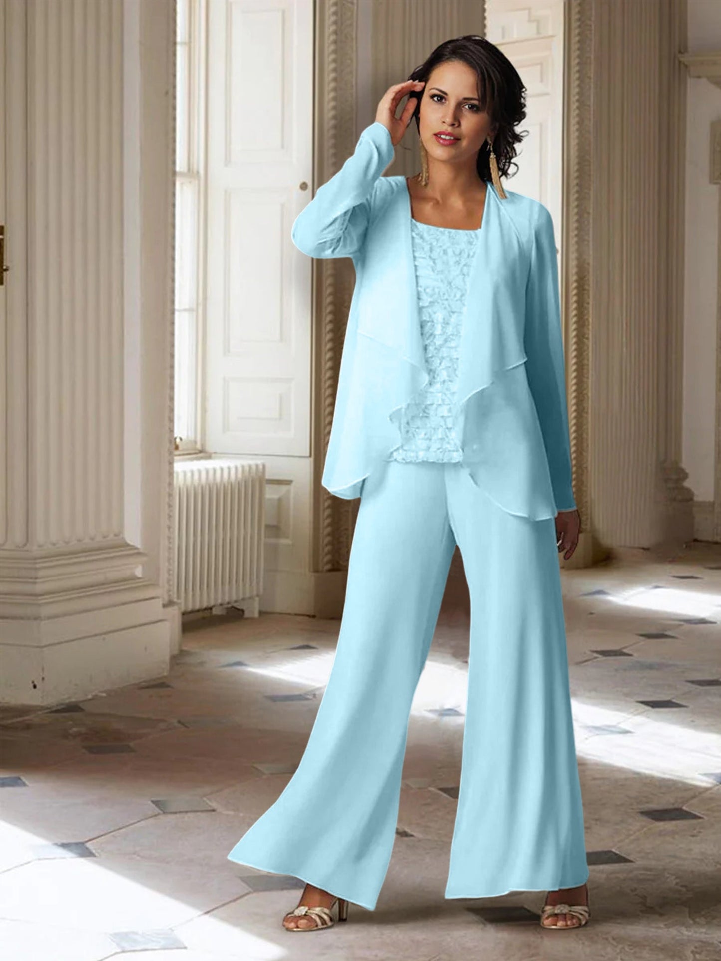 Chiffon-Hosenanzüge mit langen Ärmeln für die Mutter der Braut mit Jacke 