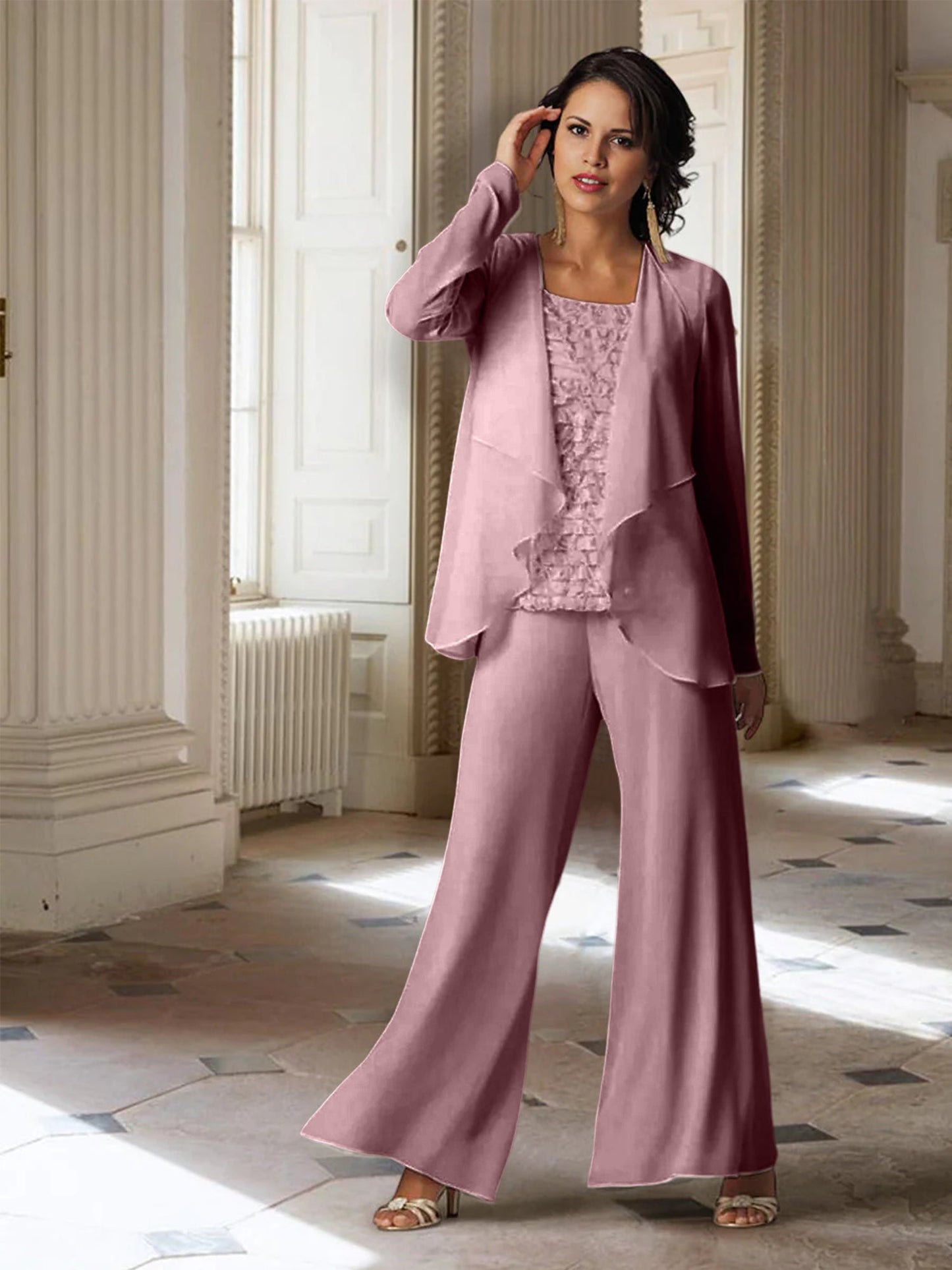 Chiffon-Hosenanzüge mit langen Ärmeln für die Mutter der Braut mit Jacke 