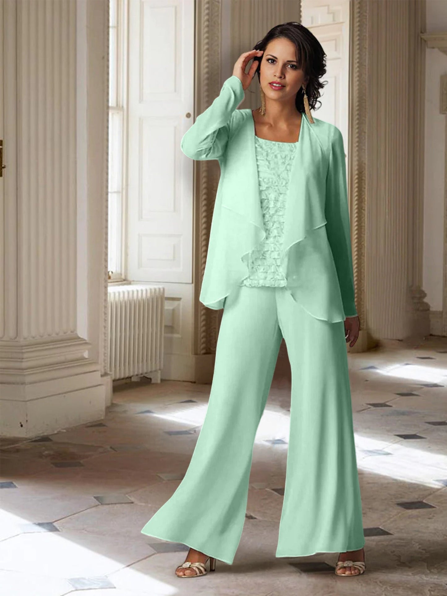 Chiffon-Hosenanzüge mit langen Ärmeln für die Mutter der Braut mit Jacke 