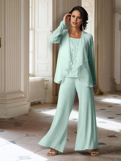 Chiffon-Hosenanzüge mit langen Ärmeln für die Mutter der Braut mit Jacke 