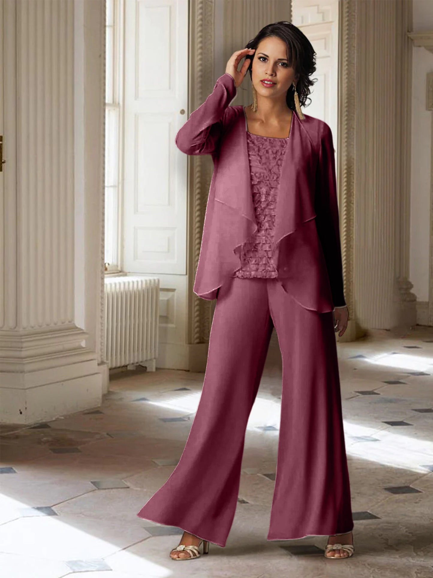 Chiffon-Hosenanzüge mit langen Ärmeln für die Mutter der Braut mit Jacke 