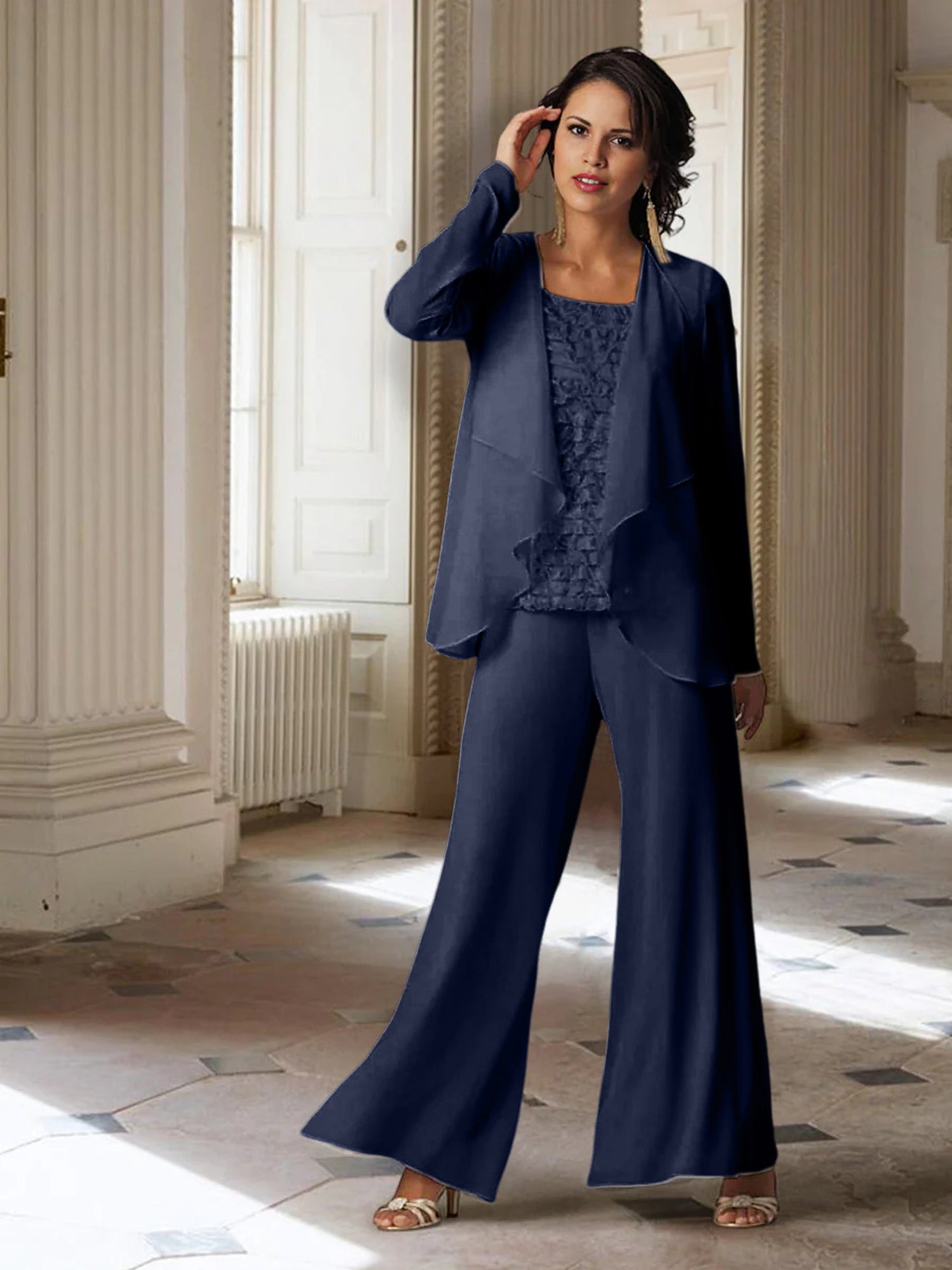 Chiffon-Hosenanzüge mit langen Ärmeln für die Mutter der Braut mit Jacke 