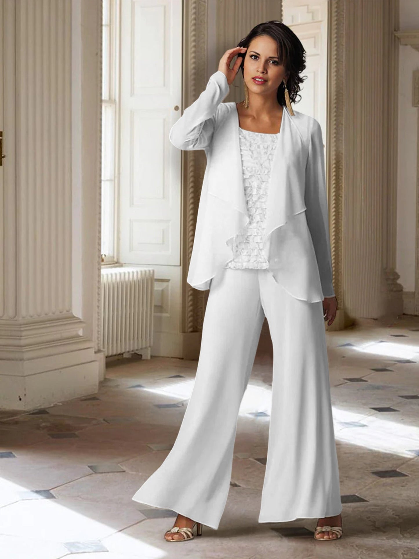 Chiffon-Hosenanzüge mit langen Ärmeln für die Mutter der Braut mit Jacke 