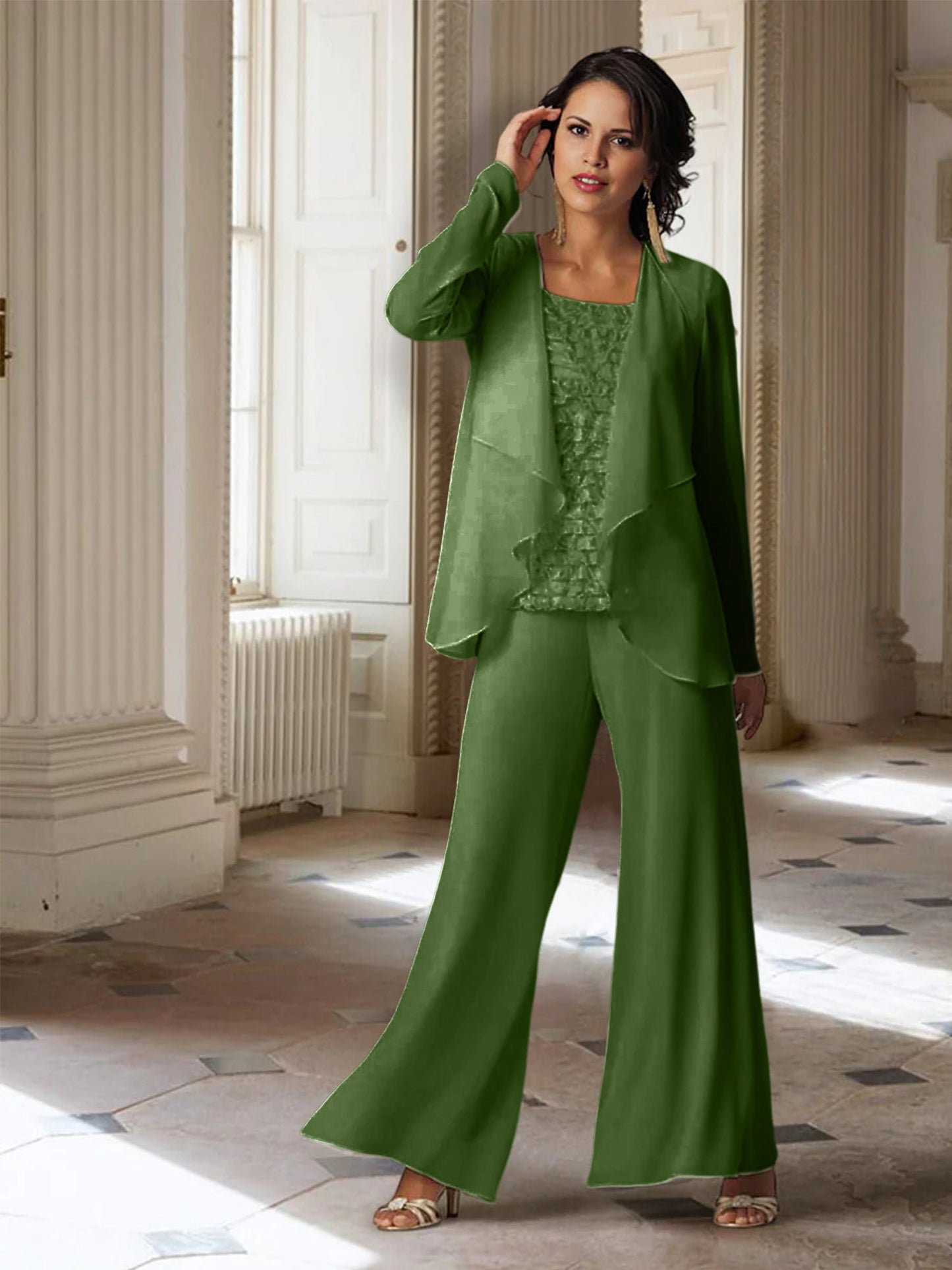 Chiffon-Hosenanzüge mit langen Ärmeln für die Mutter der Braut mit Jacke 