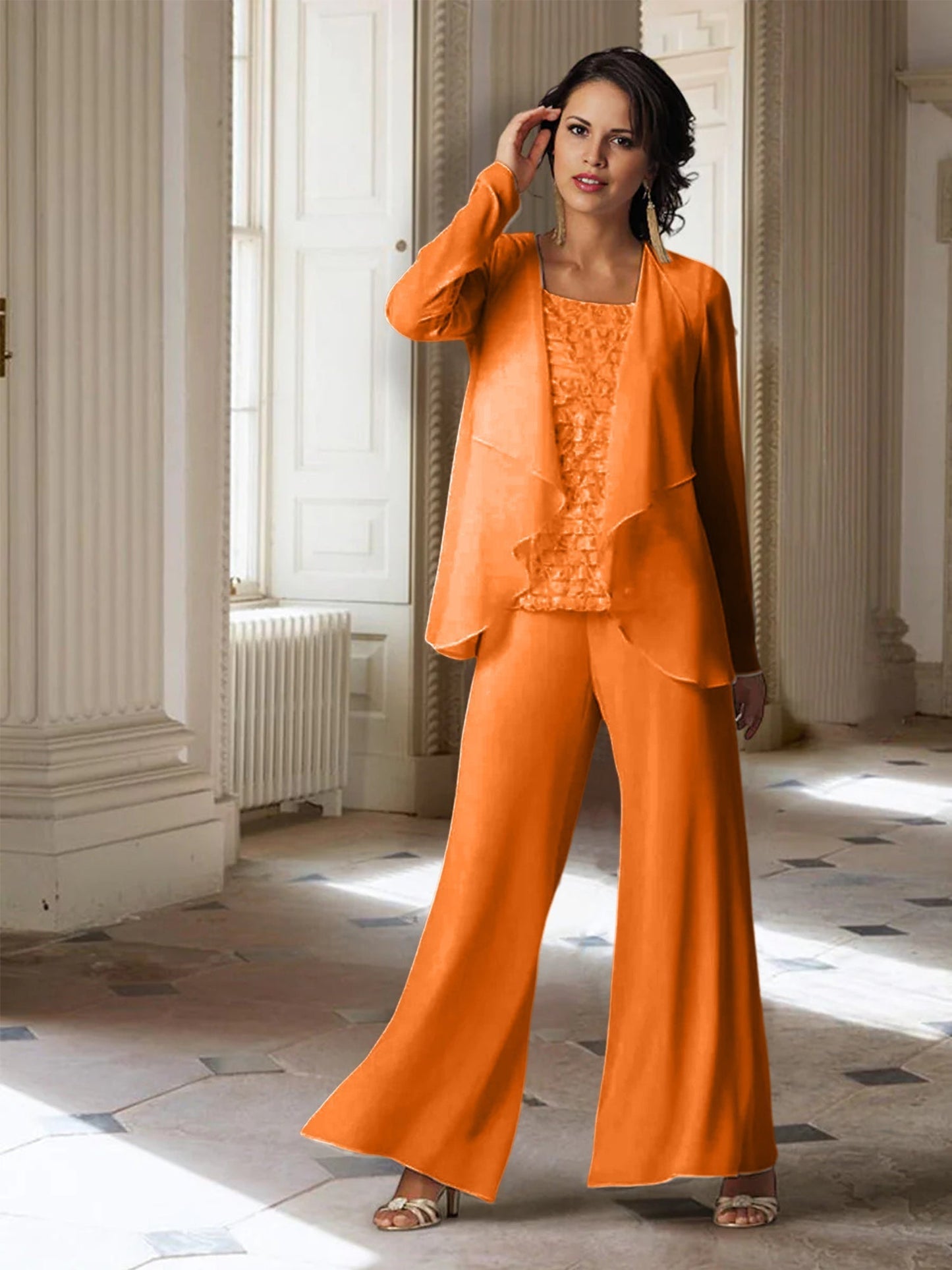 Chiffon-Hosenanzüge mit langen Ärmeln für die Mutter der Braut mit Jacke 