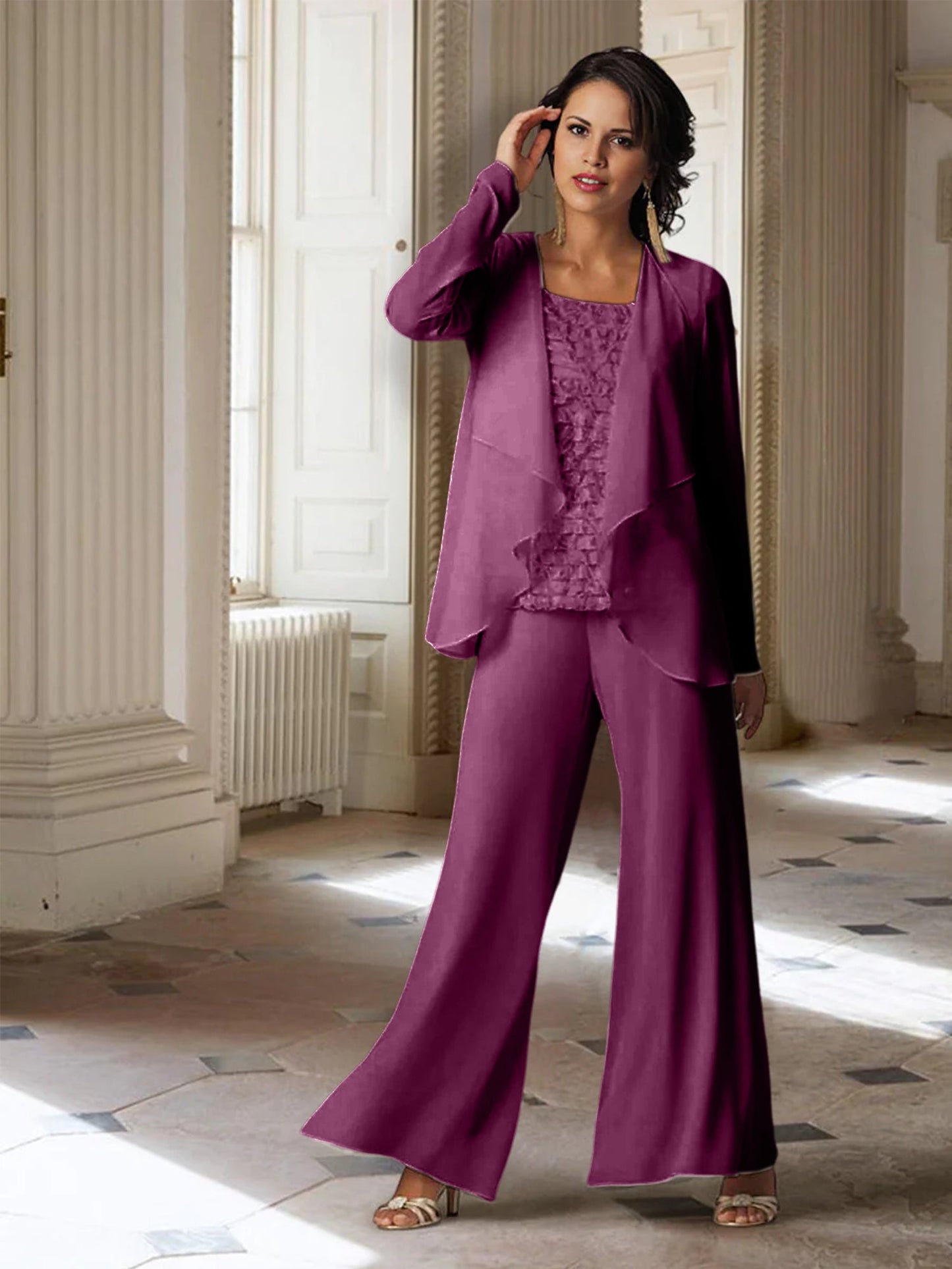 Chiffon-Hosenanzüge mit langen Ärmeln für die Mutter der Braut mit Jacke 