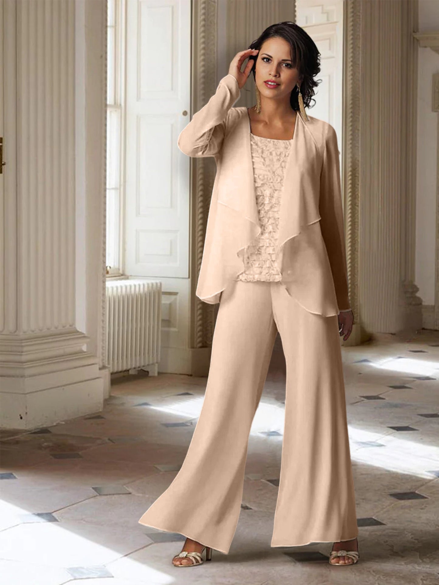Chiffon-Hosenanzüge mit langen Ärmeln für die Mutter der Braut mit Jacke 