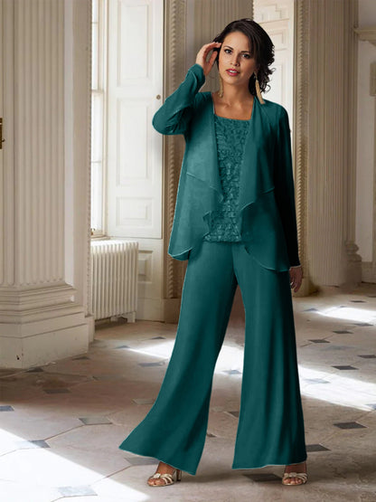 Chiffon-Hosenanzüge mit langen Ärmeln für die Mutter der Braut mit Jacke 