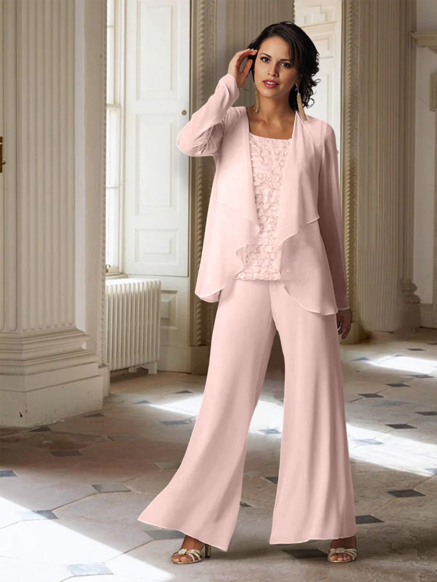 Chiffon-Hosenanzüge mit langen Ärmeln für die Mutter der Braut mit Jacke 