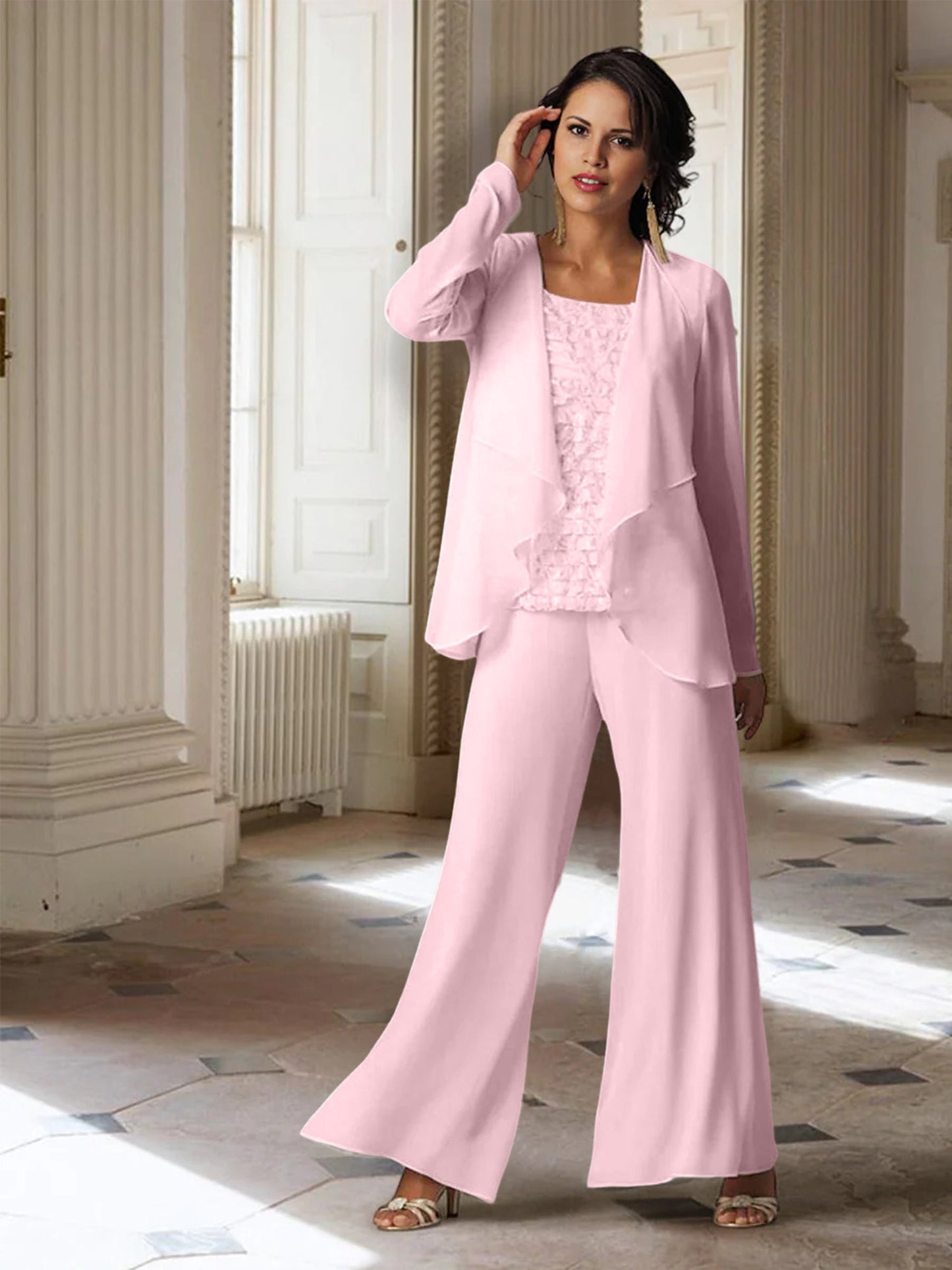 Chiffon-Hosenanzüge mit langen Ärmeln für die Mutter der Braut mit Jacke 