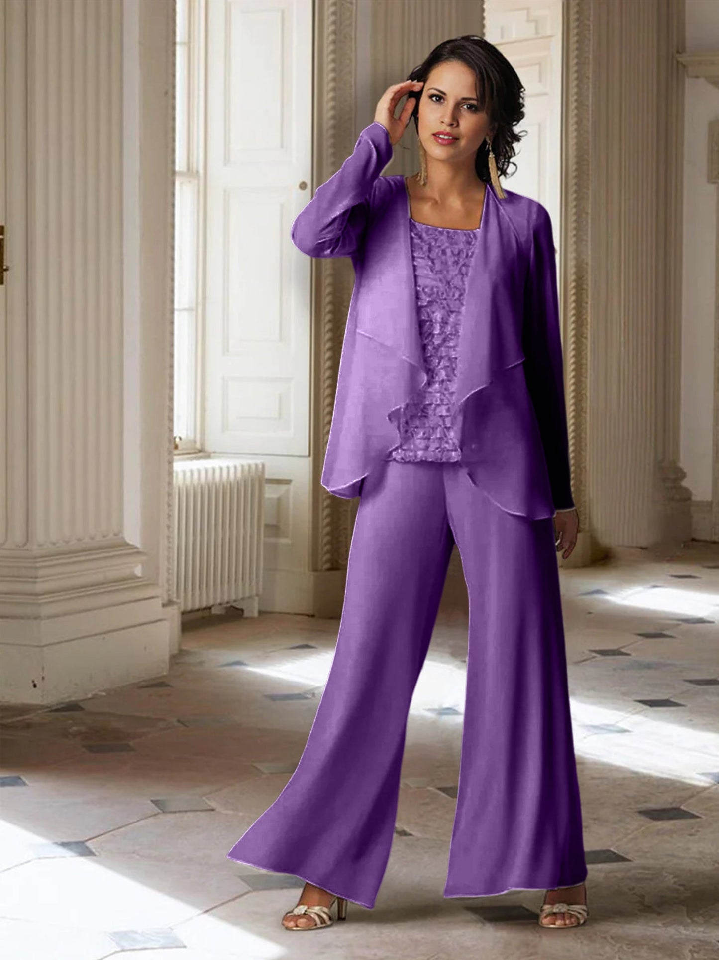Chiffon-Hosenanzüge mit langen Ärmeln für die Mutter der Braut mit Jacke 