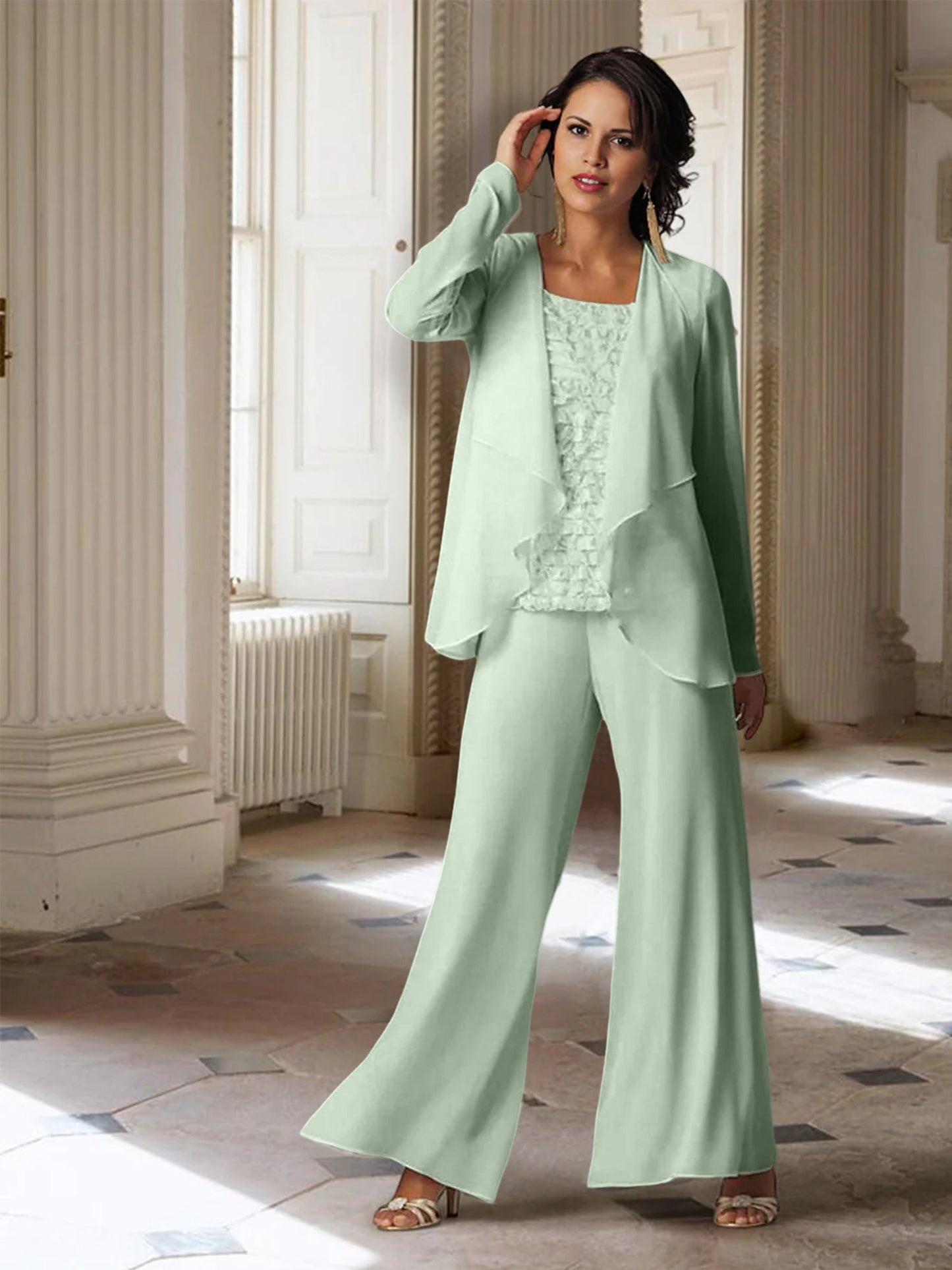 Chiffon-Hosenanzüge mit langen Ärmeln für die Mutter der Braut mit Jacke 