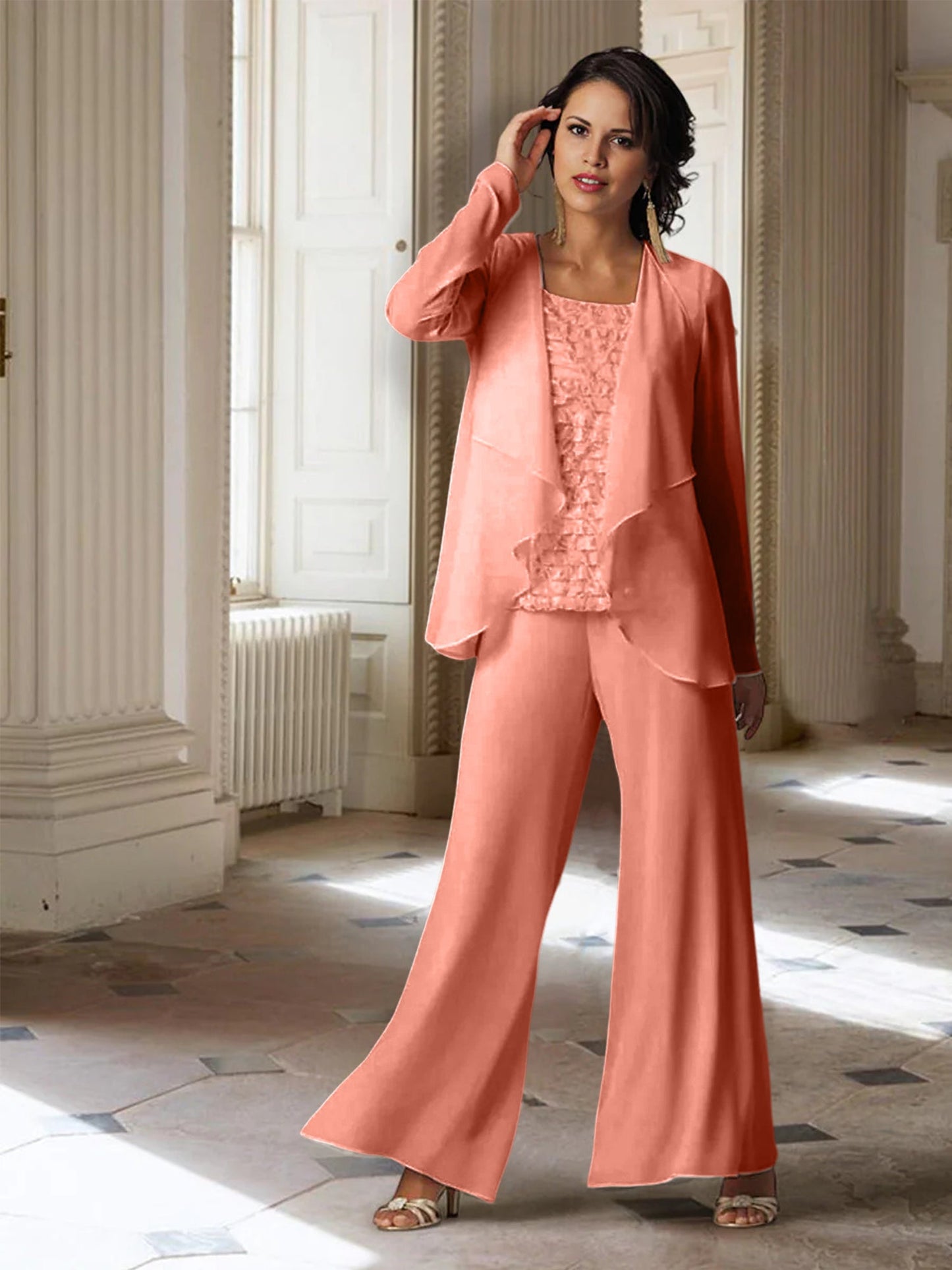 Chiffon-Hosenanzüge mit langen Ärmeln für die Mutter der Braut mit Jacke 