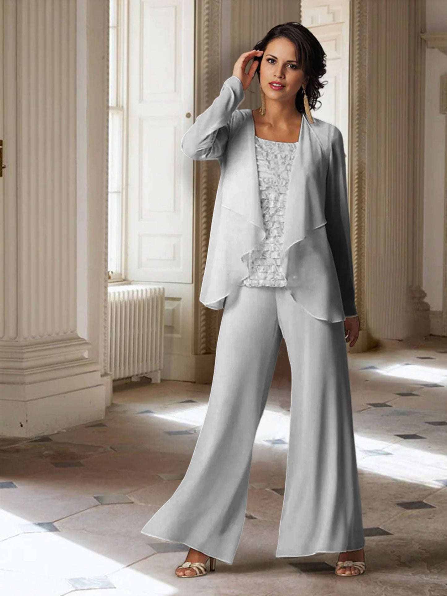 Chiffon-Hosenanzüge mit langen Ärmeln für die Mutter der Braut mit Jacke 