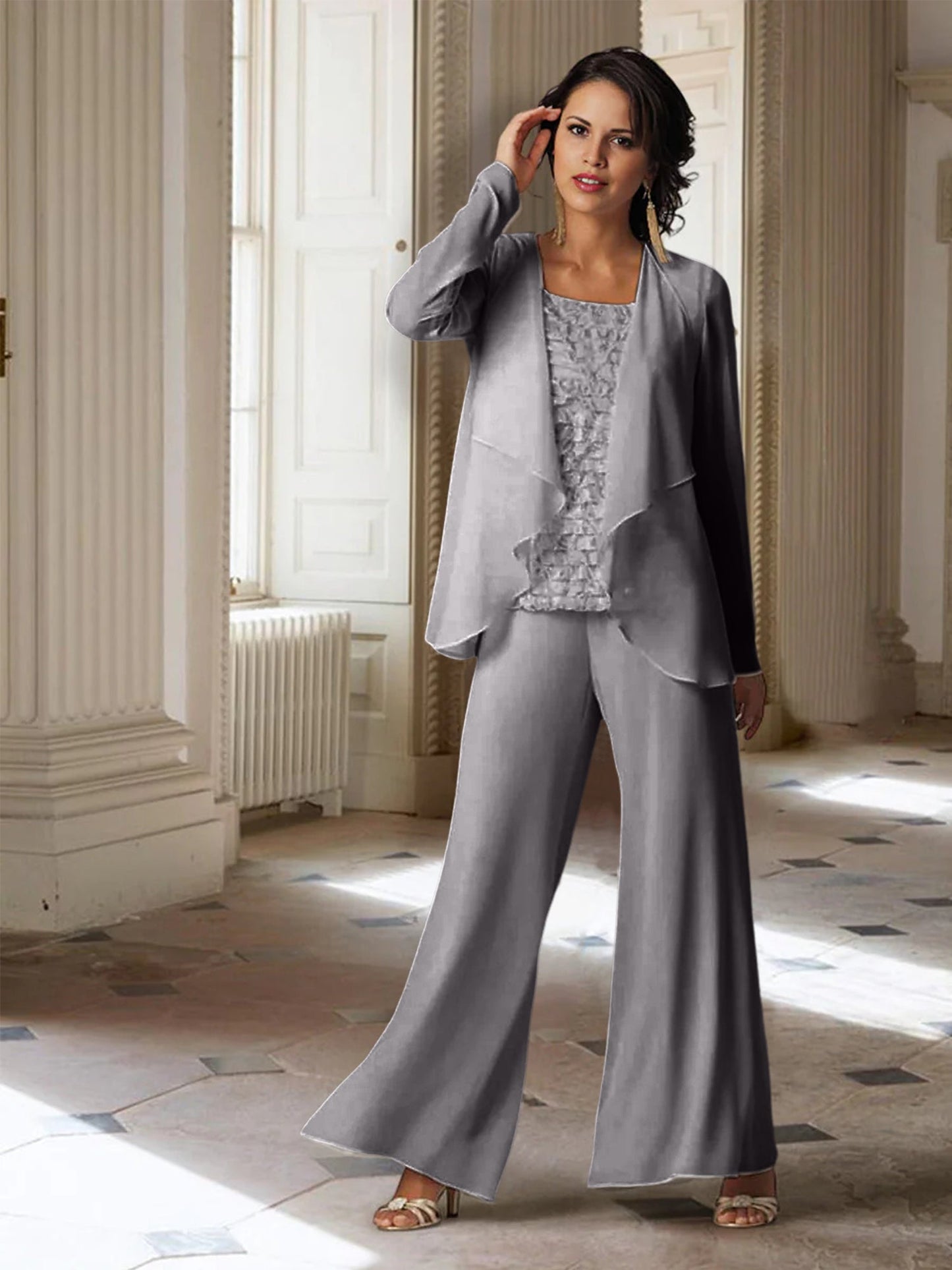 Chiffon-Hosenanzüge mit langen Ärmeln für die Mutter der Braut mit Jacke 