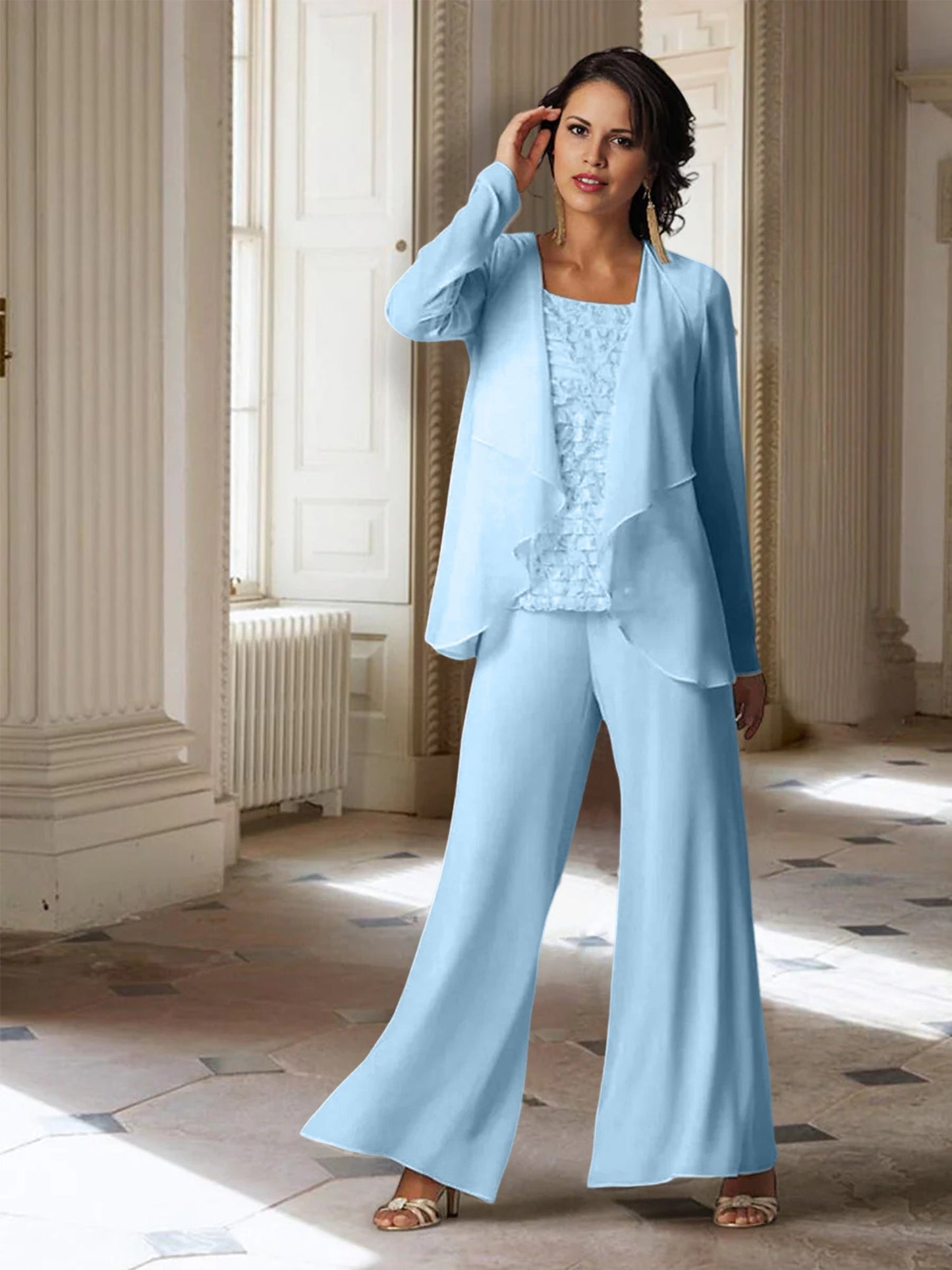 Chiffon-Hosenanzüge mit langen Ärmeln für die Mutter der Braut mit Jacke 
