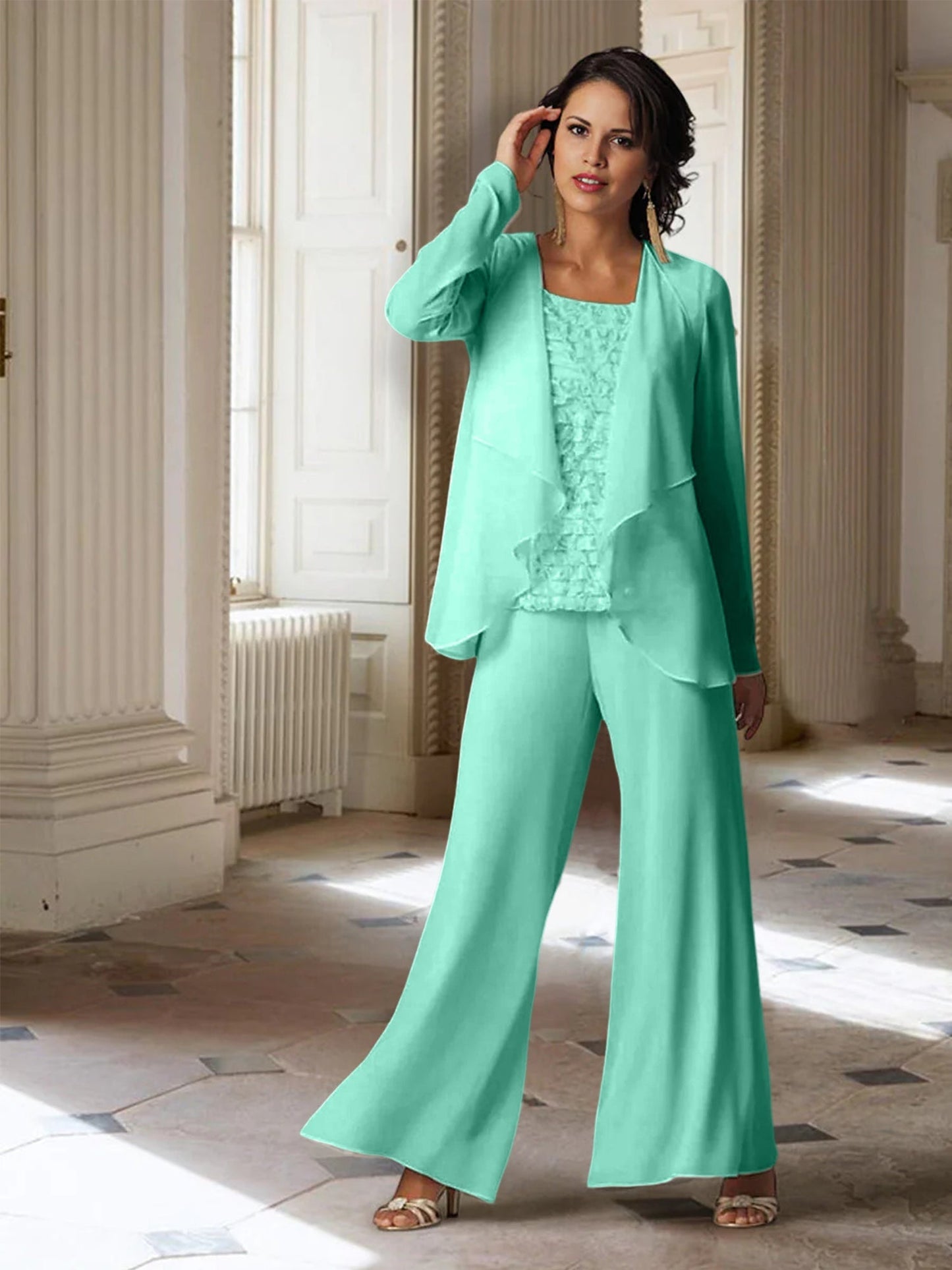 Chiffon-Hosenanzüge mit langen Ärmeln für die Mutter der Braut mit Jacke 