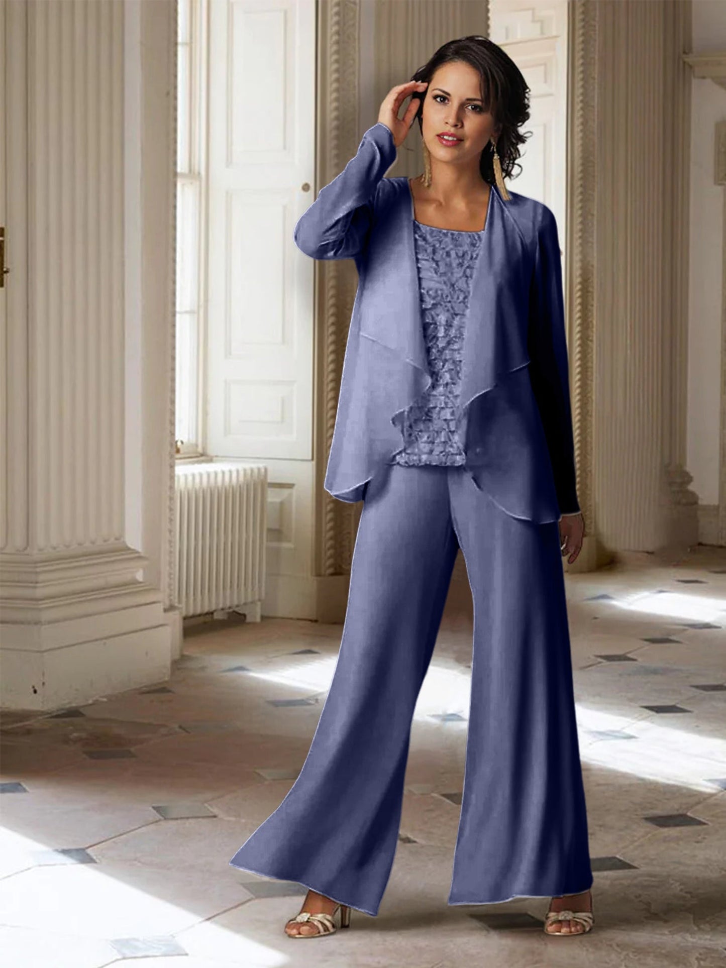 Chiffon-Hosenanzüge mit langen Ärmeln für die Mutter der Braut mit Jacke 