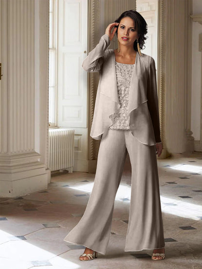 Chiffon-Hosenanzüge mit langen Ärmeln für die Mutter der Braut mit Jacke 