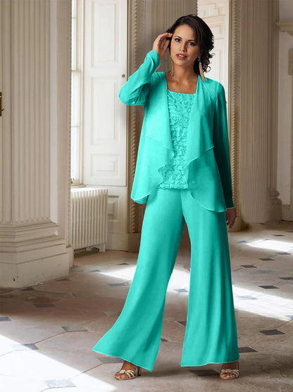 Chiffon-Hosenanzüge mit langen Ärmeln für die Mutter der Braut mit Jacke 