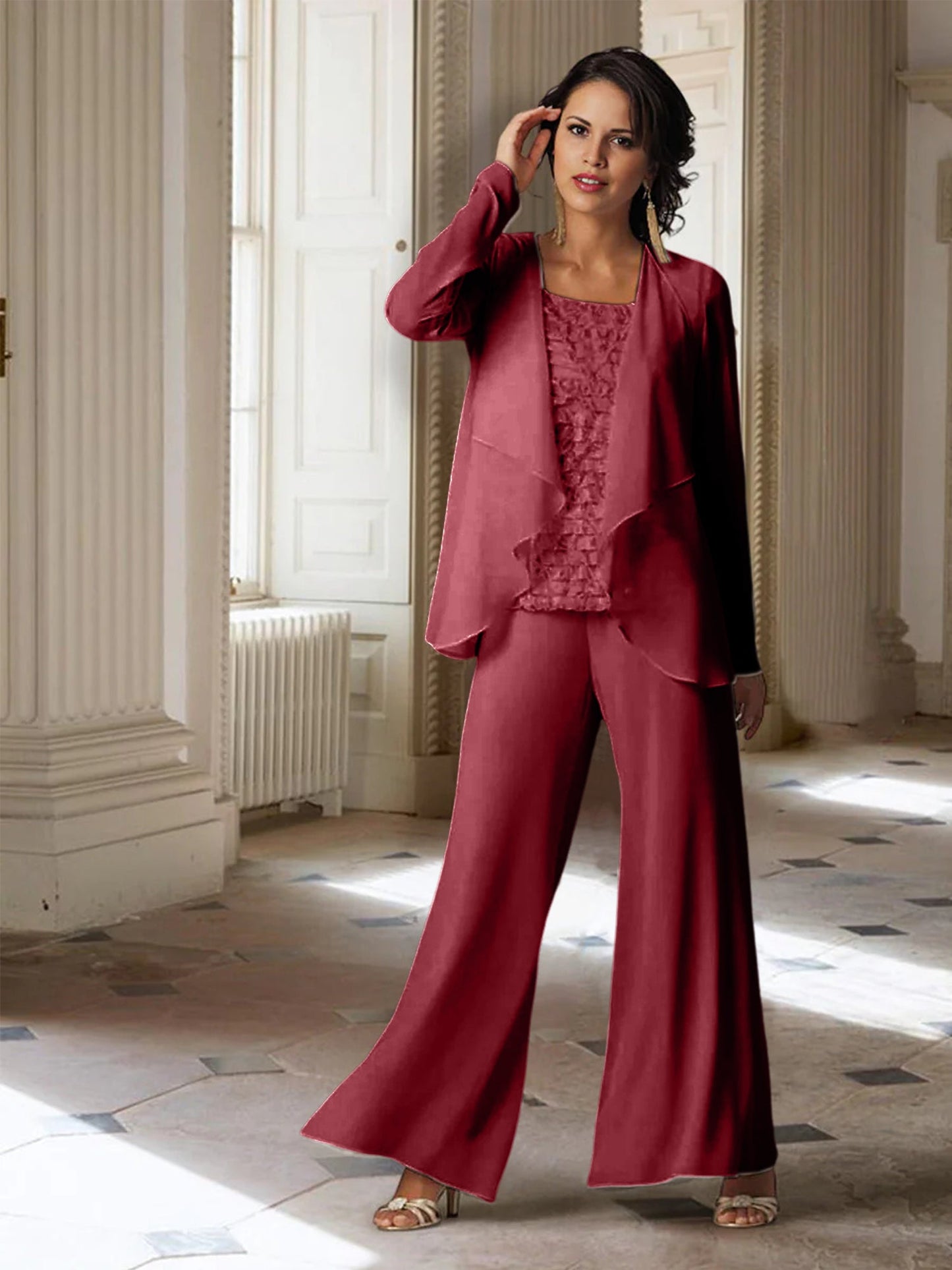 Chiffon-Hosenanzüge mit langen Ärmeln für die Mutter der Braut mit Jacke 