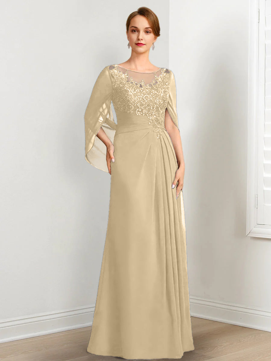 Vestidos de madre de la novia de corte A/princesa, largo hasta el suelo, con escote redondo, plisados ​​y lentejuelas
