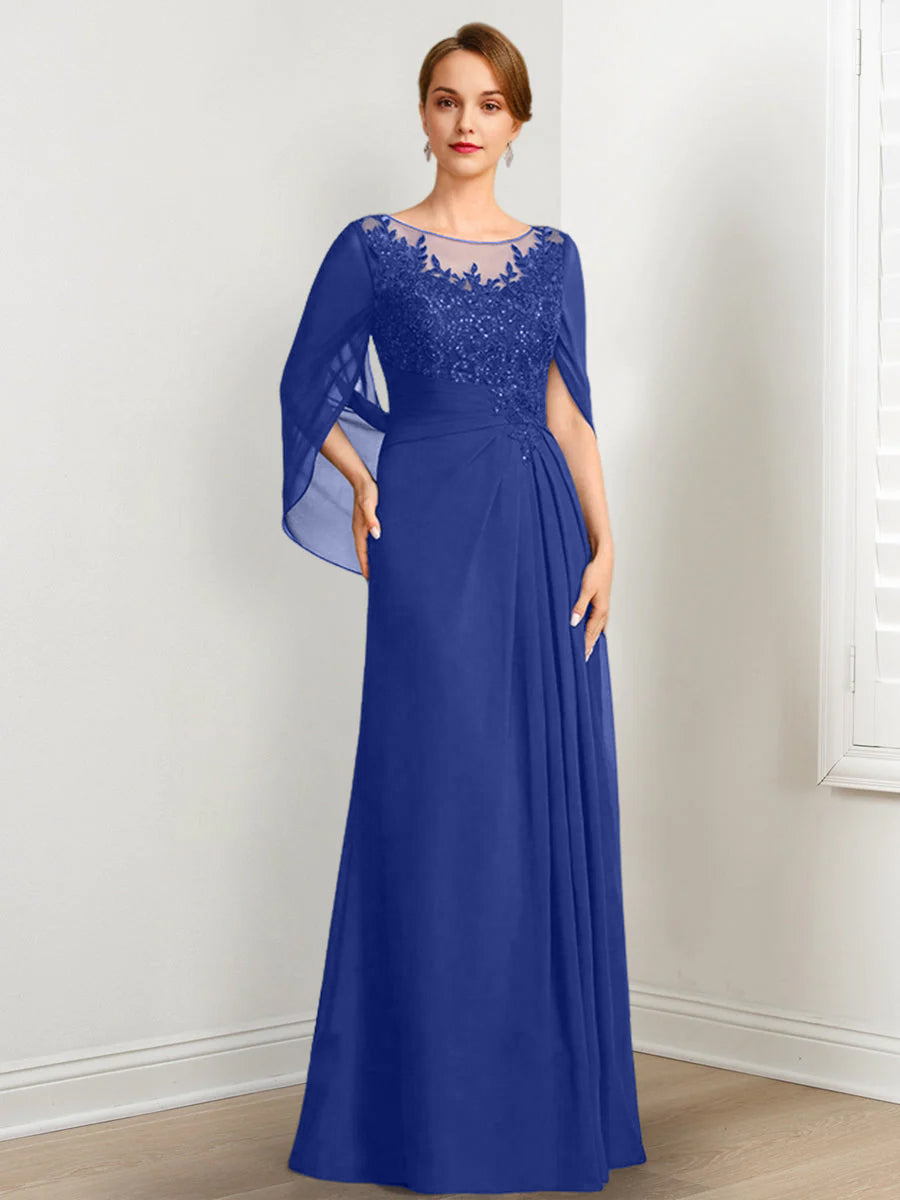 Vestidos de madre de la novia de corte A/princesa, largo hasta el suelo, con escote redondo, plisados ​​y lentejuelas