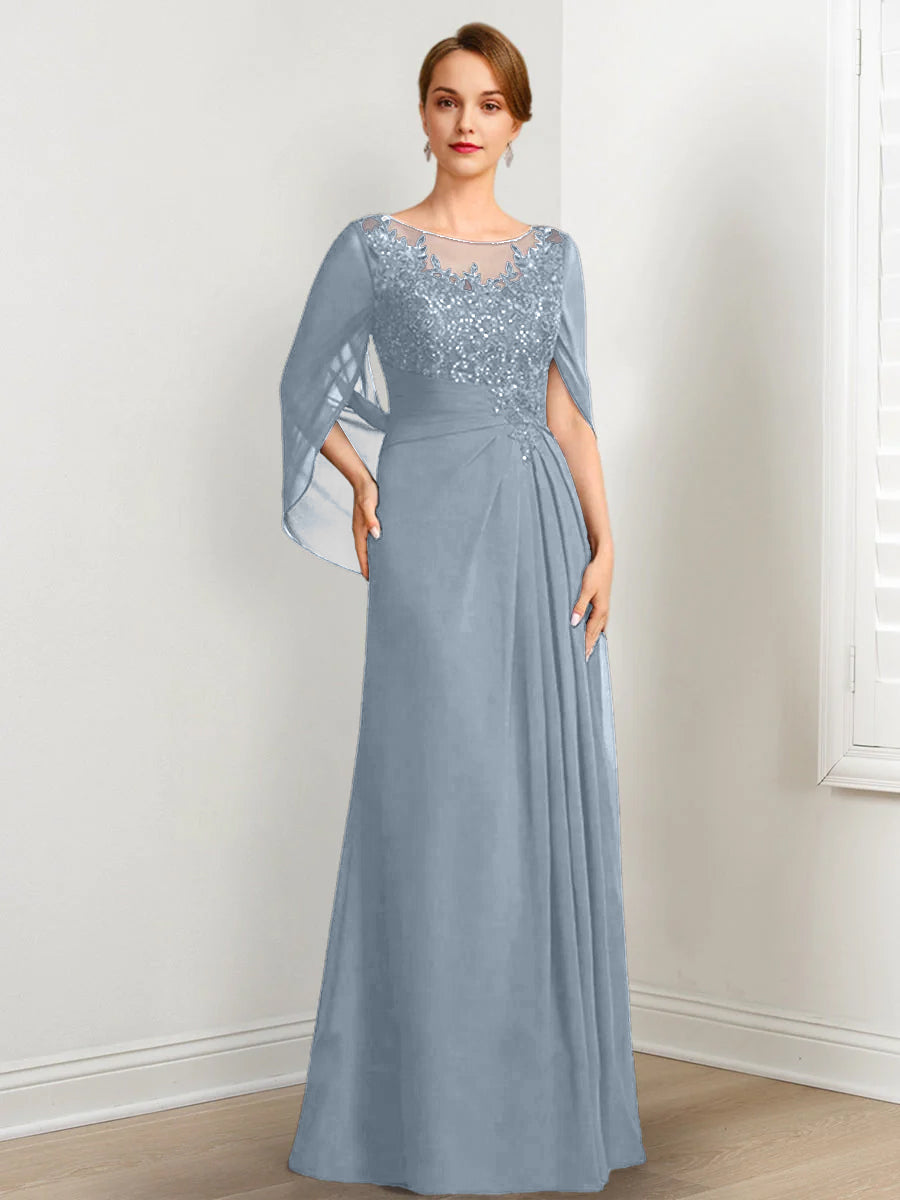 Vestidos de madre de la novia de corte A/princesa, largo hasta el suelo, con escote redondo, plisados ​​y lentejuelas