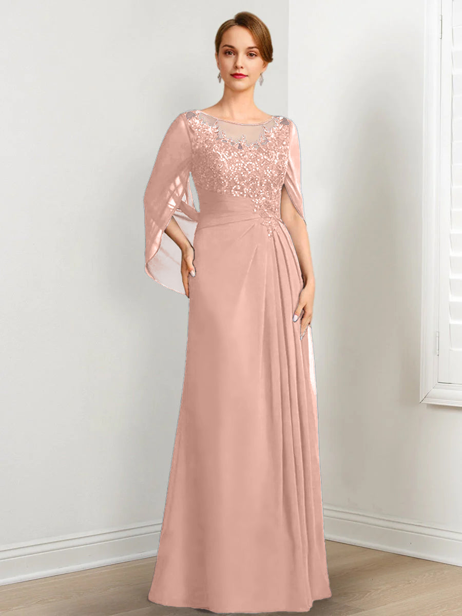 Vestidos de madre de la novia de corte A/princesa, largo hasta el suelo, con escote redondo, plisados ​​y lentejuelas