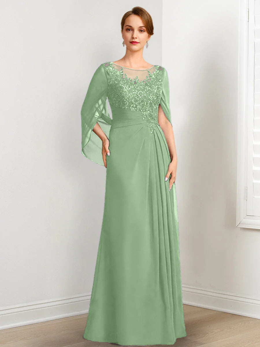Vestidos de madre de la novia de corte A/princesa, largo hasta el suelo, con escote redondo, plisados ​​y lentejuelas