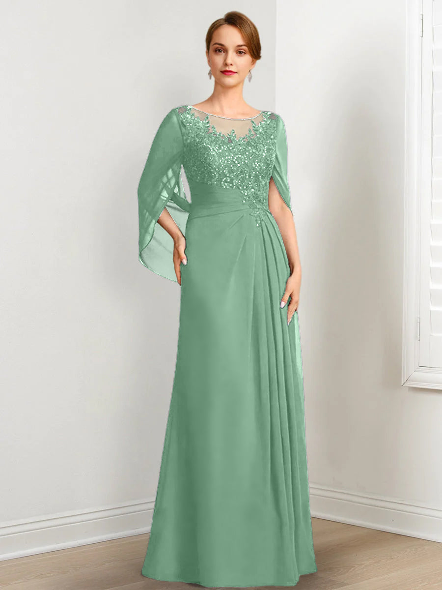 Vestidos de madre de la novia de corte A/princesa, largo hasta el suelo, con escote redondo, plisados ​​y lentejuelas