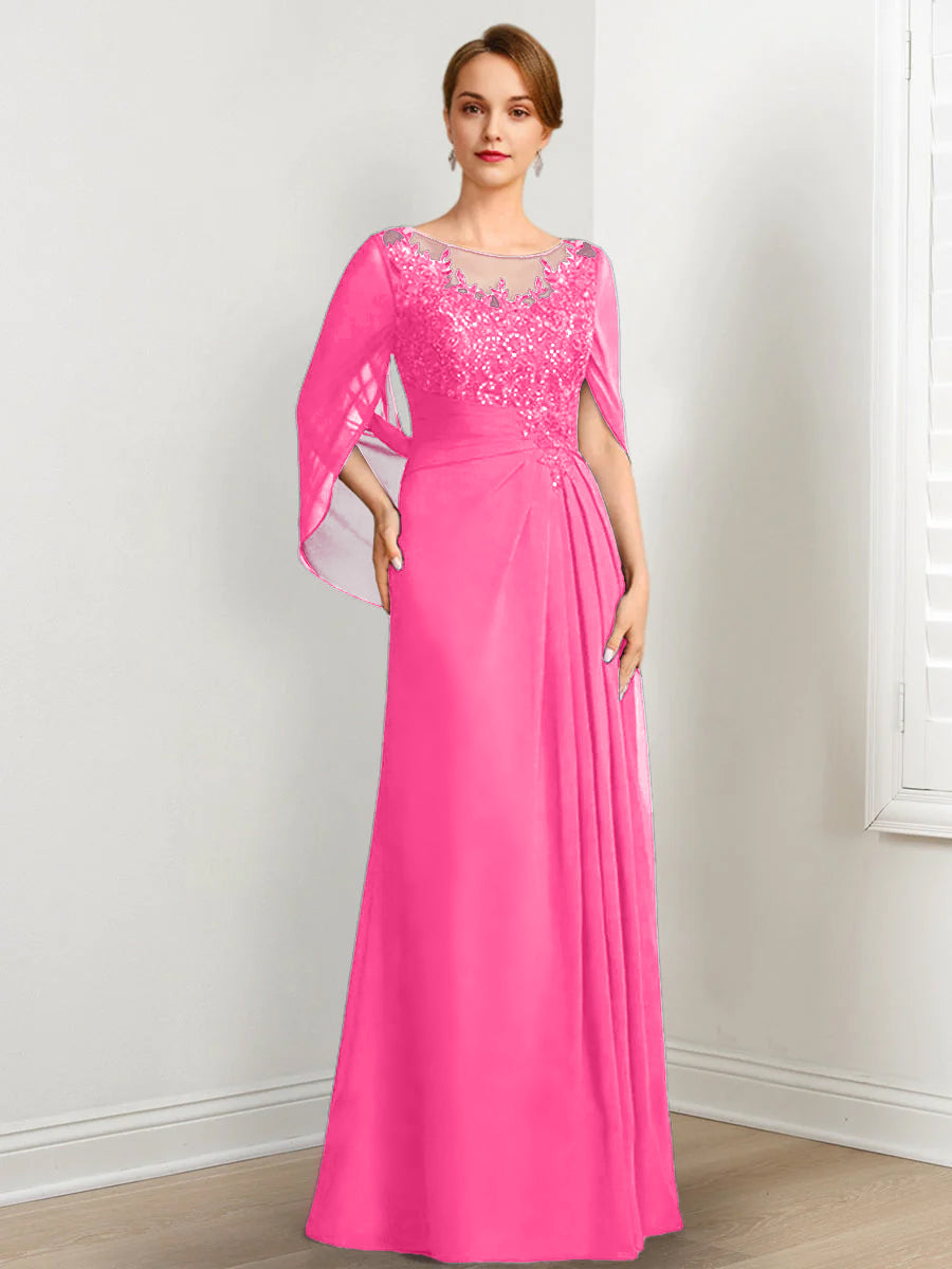 Vestidos de madre de la novia de corte A/princesa, largo hasta el suelo, con escote redondo, plisados ​​y lentejuelas