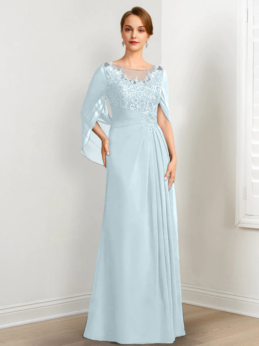 Vestidos de madre de la novia de corte A/princesa, largo hasta el suelo, con escote redondo, plisados ​​y lentejuelas