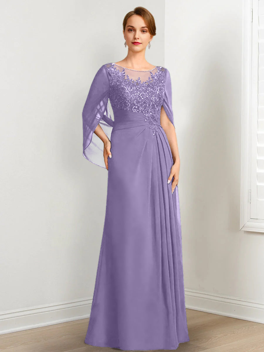 Vestidos de madre de la novia de corte A/princesa, largo hasta el suelo, con escote redondo, plisados ​​y lentejuelas