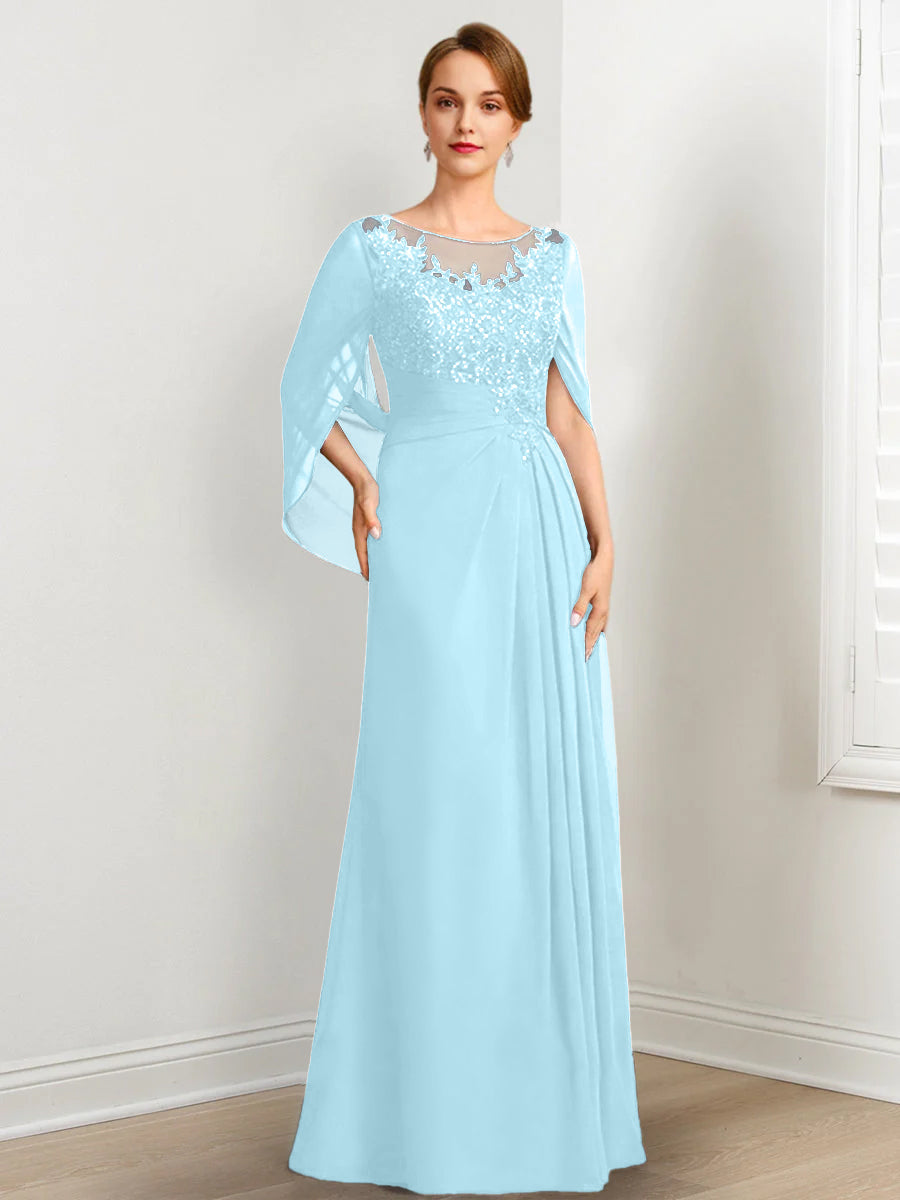 Vestidos de madre de la novia de corte A/princesa, largo hasta el suelo, con escote redondo, plisados ​​y lentejuelas