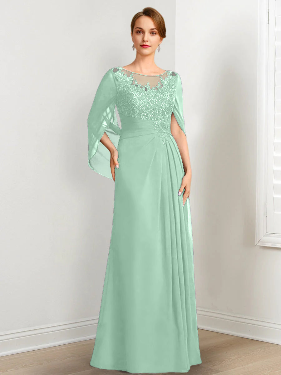 Vestidos de madre de la novia de corte A/princesa, largo hasta el suelo, con escote redondo, plisados ​​y lentejuelas