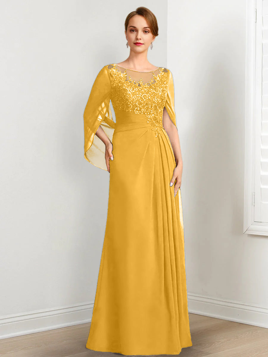 Vestidos de madre de la novia de corte A/princesa, largo hasta el suelo, con escote redondo, plisados ​​y lentejuelas