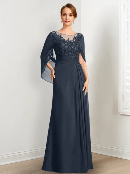 Vestidos de madre de la novia de corte A/princesa, largo hasta el suelo, con escote redondo, plisados ​​y lentejuelas