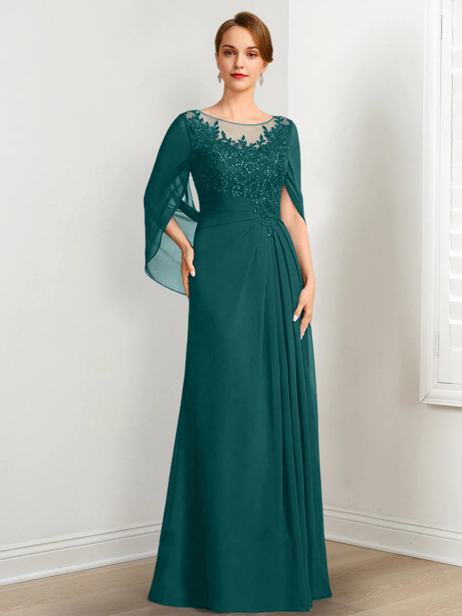Vestidos de madre de la novia de corte A/princesa, largo hasta el suelo, con escote redondo, plisados ​​y lentejuelas