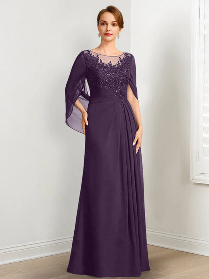 Vestidos de madre de la novia de corte A/princesa, largo hasta el suelo, con escote redondo, plisados ​​y lentejuelas