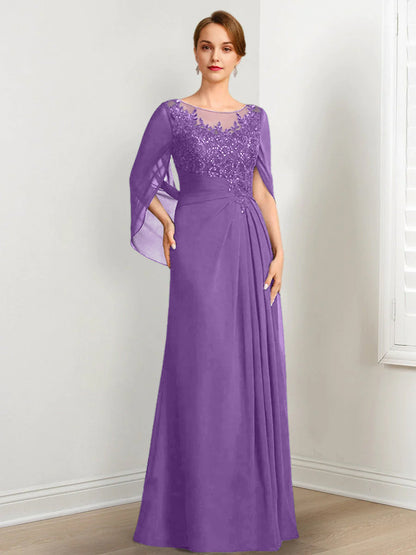 Vestidos de madre de la novia de corte A/princesa, largo hasta el suelo, con escote redondo, plisados ​​y lentejuelas