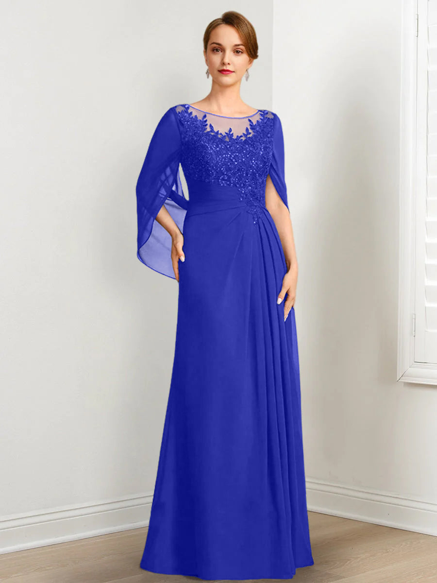 Vestidos de madre de la novia de corte A/princesa, largo hasta el suelo, con escote redondo, plisados ​​y lentejuelas