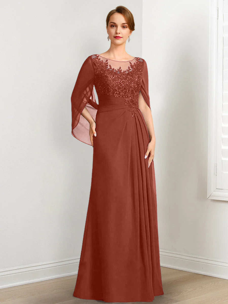 Vestidos de madre de la novia de corte A/princesa, largo hasta el suelo, con escote redondo, plisados ​​y lentejuelas