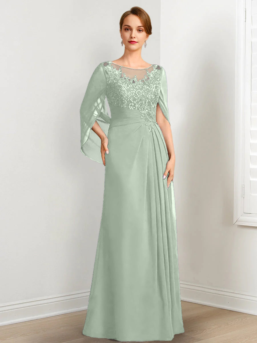 Vestidos de madre de la novia de corte A/princesa, largo hasta el suelo, con escote redondo, plisados ​​y lentejuelas