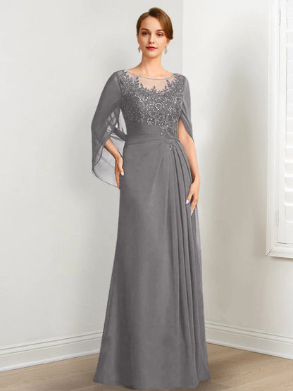 Vestidos de madre de la novia de corte A/princesa, largo hasta el suelo, con escote redondo, plisados ​​y lentejuelas