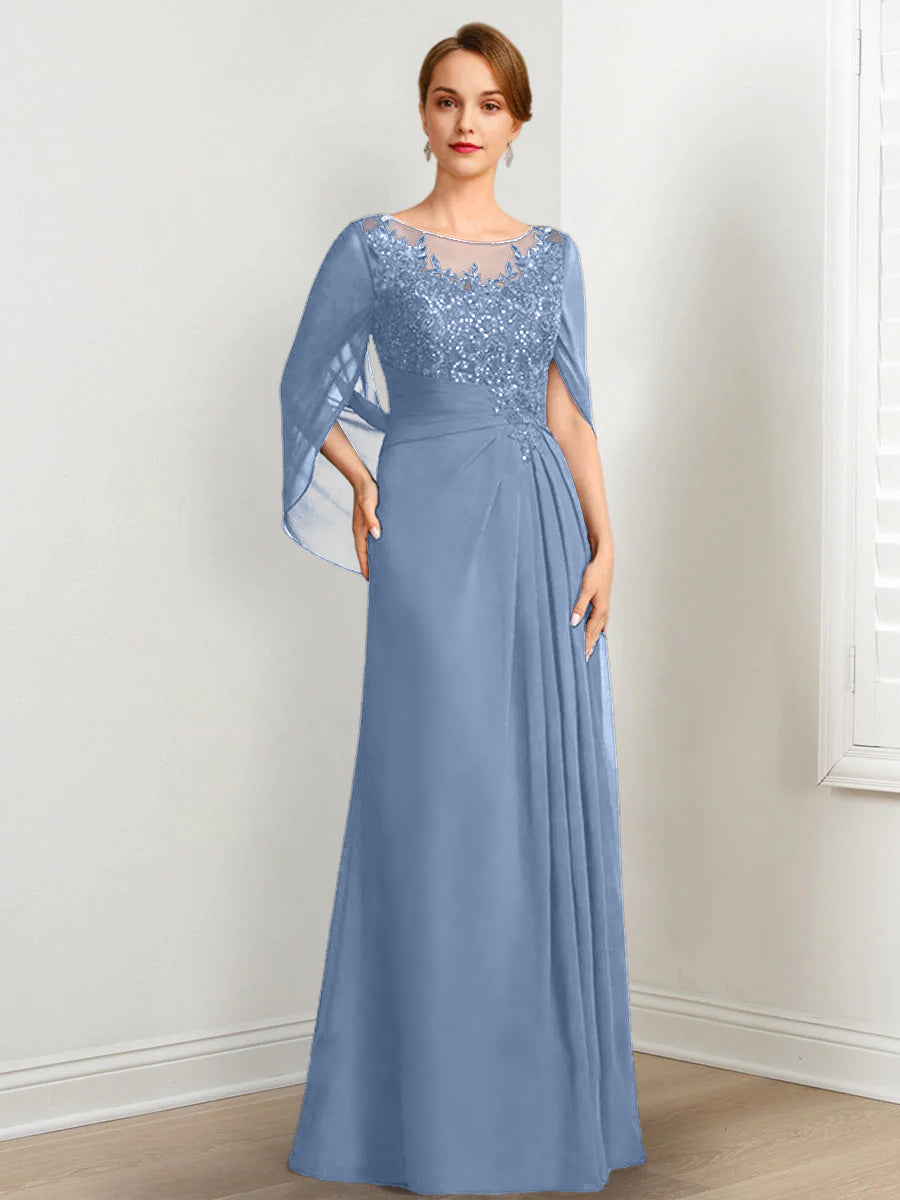 Vestidos de madre de la novia de corte A/princesa, largo hasta el suelo, con escote redondo, plisados ​​y lentejuelas